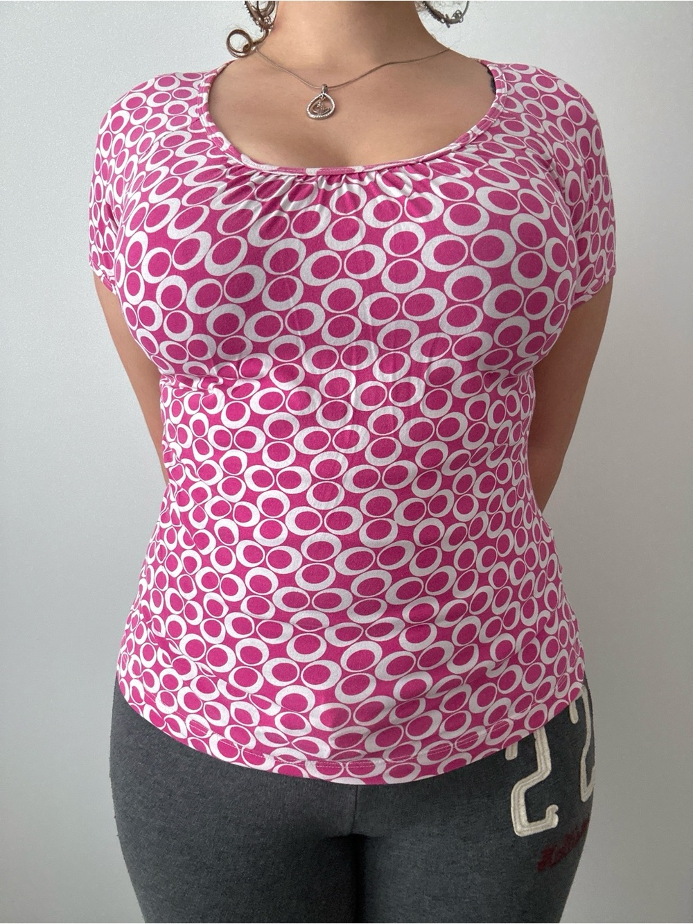 y2k mod print ruched pink t shirt